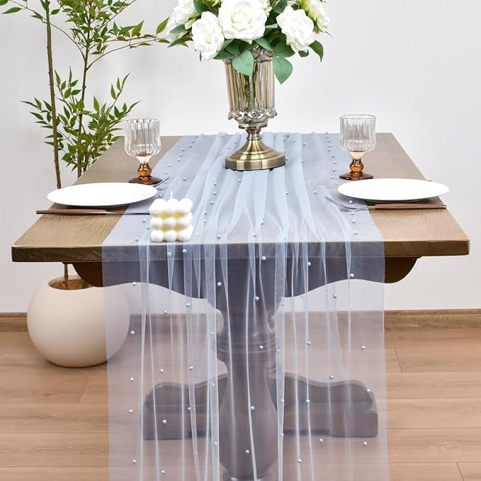 Joanlody Fall Pearl Table Runner 10ft Rustic Boho Tulle Table Runner with Pearls for Baby Shower Wedding Party Veil Dessert Thanksgiving Table Decor Blue 4pcs