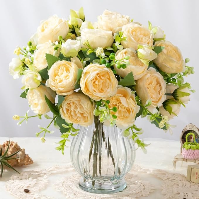 Artificial Peonies Silk Flowers in Glass Vase Faux Flowers Bouquets Modern Penoy Arrangement 4 Pack for Home Decoration Table Centerpiece (Champagne)