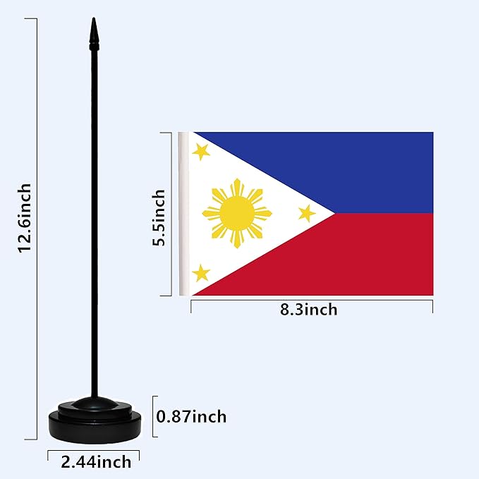 Philippines Filipino Deluxe Desk Flag Set Small Mini Miniature Philippines Filipino Table Desktop Flags With Solid Pole, Black Base and Spear Top(2 Pack)
