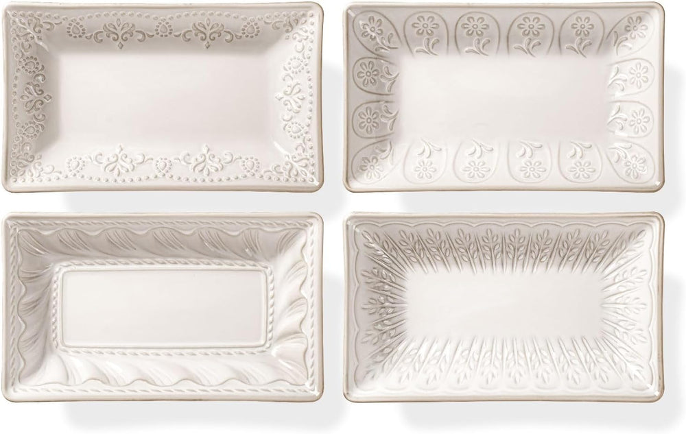 Artena Appetizer Plates Set of 4, 8.25" Embossed Ceramic Rectangular Des...