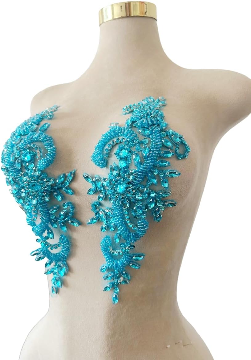 Handmade Rhinestones on Lace Applique Trim Sewing Beads Sequins Trim Patches ...