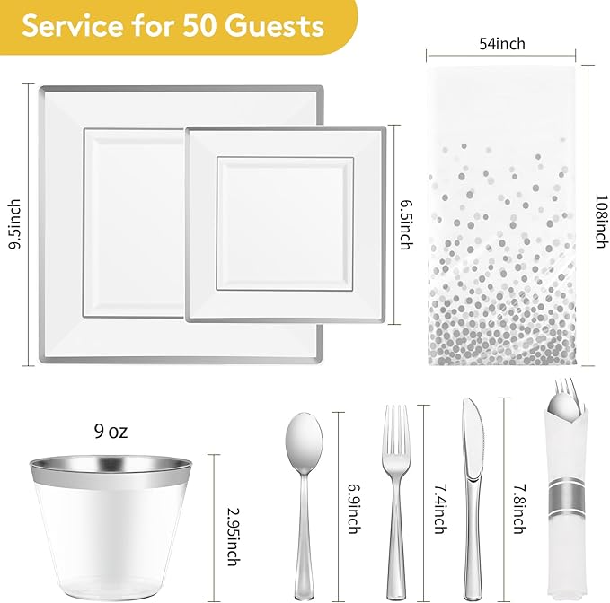 Goodluck 352 Piece Silver Dinnerware Set for 50 Guests, Square Plastic Plates with Silver Trim, Include: 100 Plastic Plates, 50 Rolled Napkins, 50 Cups, 50 Cutlery Set and 2 Tablecloth
