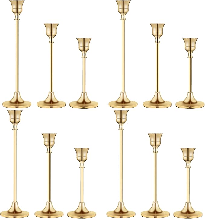 Vintage Gold Brass Taper Candle Holders for Candlesticks, Fireplace & Party - Set of 3
