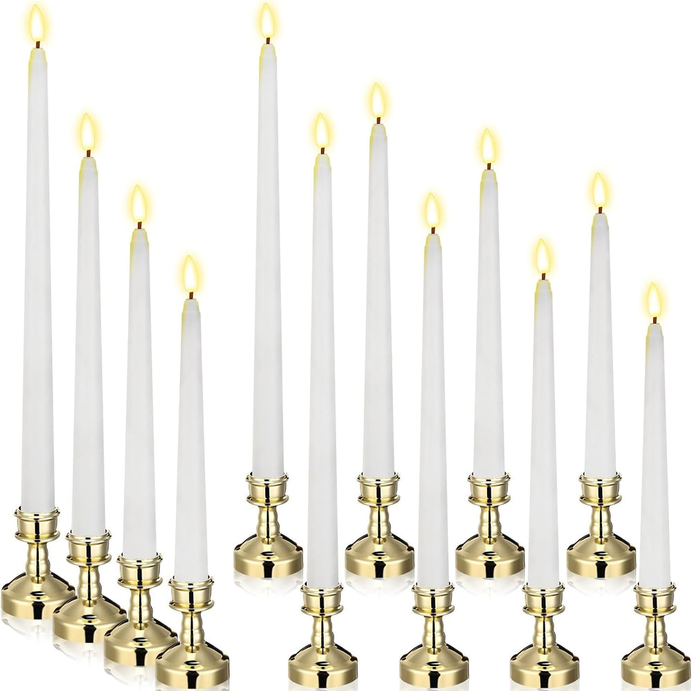 Rossesay 12 Pcs LED Taper Candles Holders, Gold Holder & White Candles
