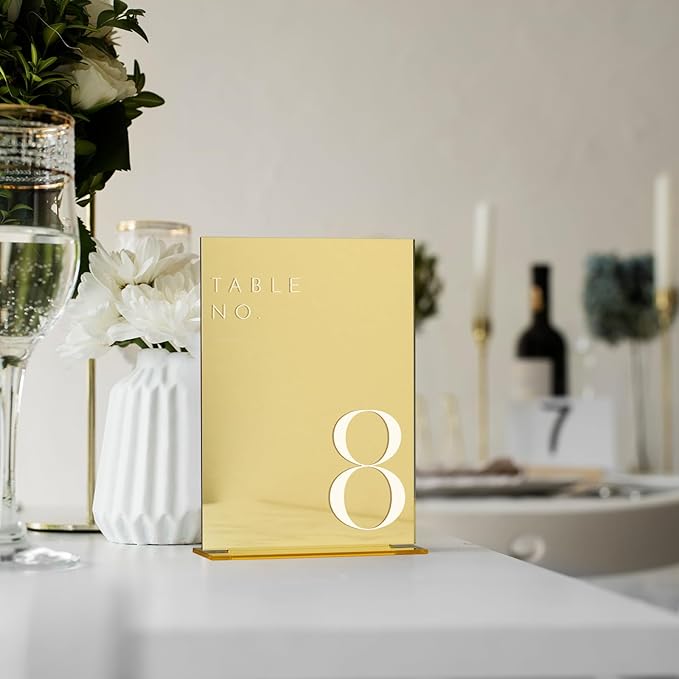 JINMURY Gold Wedding Table Numbers 1-25 with Stands, 5"x7" Gold Mirror Acrylic Table Numbers, Perfect for Wedding Reception, Party, Anniversary, Event