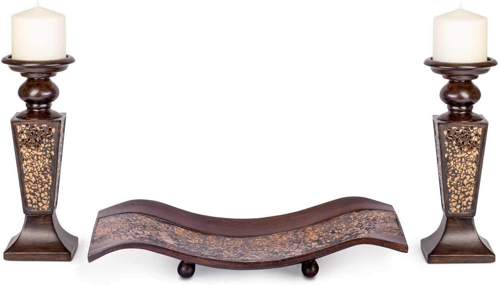 Creative Scents Schonwerk Brown Pillar Candle Holder Set of 2- Crackled Mosai...