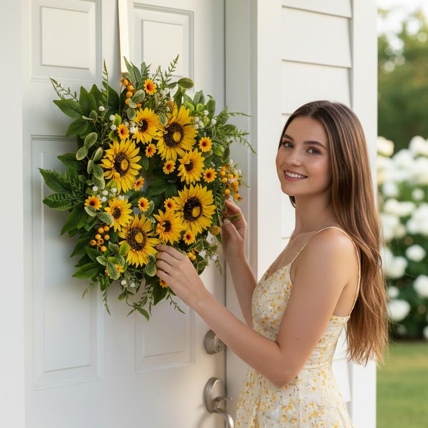 Sunflower Wreath for Front Door, 24 Inch Spring & Summer Wreath with Lifelike Sunflowers, Handmade Outdoor Wreath for Front Door, Spring Home Decor