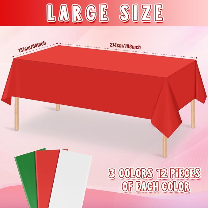 MASHAN 36 Pack Christmas Tablecloth Bulk, Red White Green Disposable Tablecloths, Rectangle Italy Theme Table Covers for Christmas Family Gathering Dining and Italian Party Decoration,54 x 108 Inch