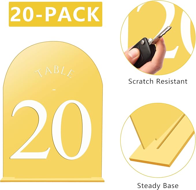 JOYIT Arch Wedding Table Numbers 1-20 with Stands – 5" X 7" Acrylic Mirrored Gold Table Number Holders, Perfect for Wedding Receptions, Parties, Anniversaries, and Events