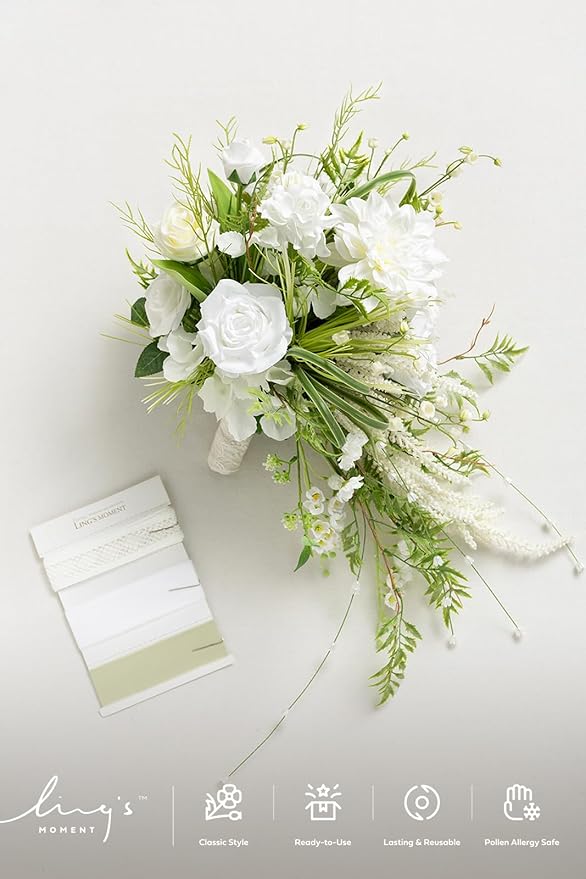 Ling's moment White Green Bridal Bouquet for Bride, White Green Wedding Bouquets for Bride, 13 Inch Bride Bouquets for Wedding Artificial Flowers Bouquets