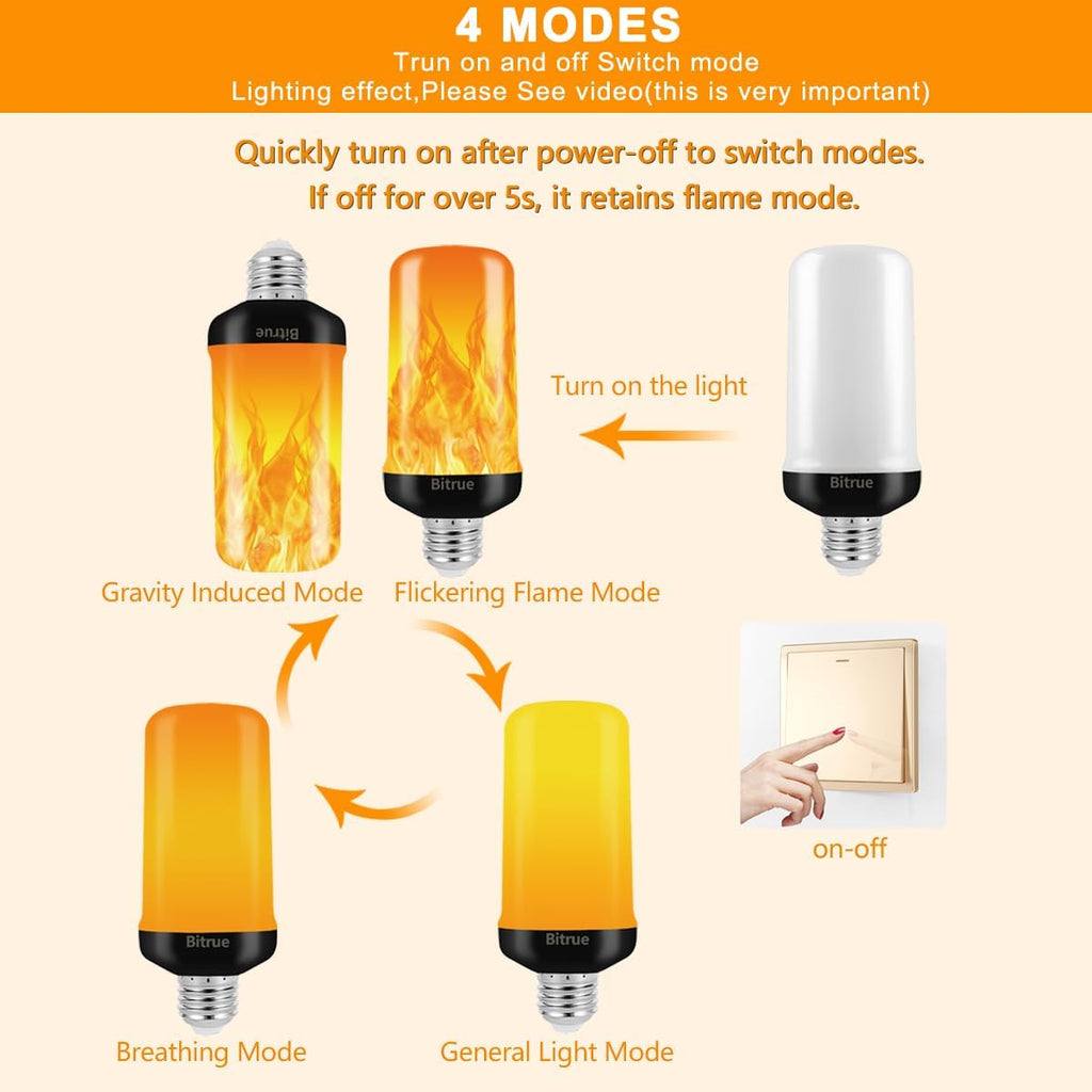 Bitrue LED Flame Effect Light Bulb, 4 Modes Flame Light Bulbs, E26 Base Fire Light Bulb with Gravity Sensor,Flickering Light Bulbs Halloween Home Party(4 Pack)