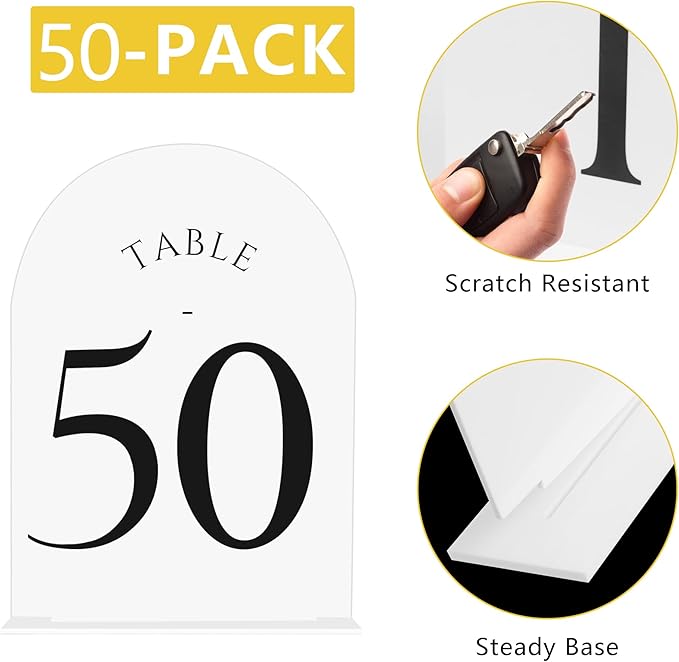 JOYIT Arch Wedding Table Numbers 1-50 with Stands – Double-Sided Printed 5" X 7" Acrylic Signs with White Background and Black Text, Perfect for Wedding Receptions, Parties, Anniversaries, and Events