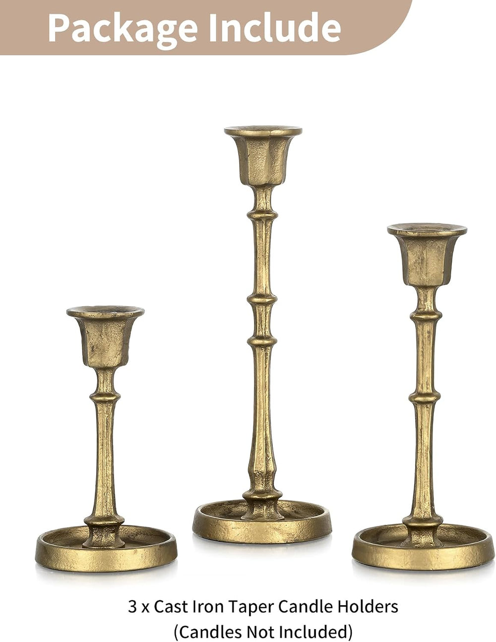 NUPTIO Cast Iron Taper Candle Holders, Set of 3 Antique Brass Candlesticks