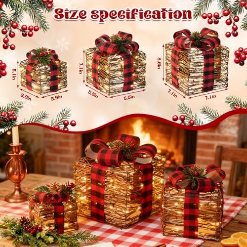 LAWOHO Set of 3 Christmas Lighted Gift Boxes,Rustic Rattan Light Up Present Boxes with Bows,Battery&USB Operated LED Xmas Gift Boxes for Christmas Decorations Holiday Ornaments Indoor Outdoor Decor