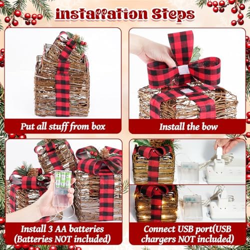 LAWOHO Set of 3 Christmas Lighted Gift Boxes,Rustic Rattan Light Up Present Boxes with Bows,Battery&USB Operated LED Xmas Gift Boxes for Christmas Decorations Holiday Ornaments Indoor Outdoor Decor