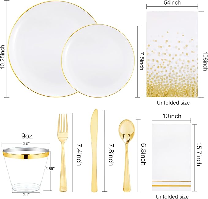 Festiva 176Pcs White and Gold Plastic Plates - White with Gold Rim Fall Dinnerware Set - 25Guest include Plates Cups Cutlery Napkins for Fall Party&Wedding& New Year&Thanksgiving (175PCS)