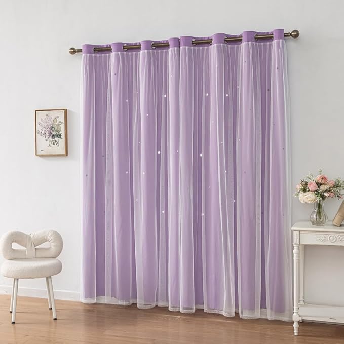 Ombre Rainbow Blackout Curtains for Kid Girls Bedroom Living Room Darking Stripe Double Layer Star Cut Out Wall Home Decor Gradient Grommet Window Curtains (Purple 95L)