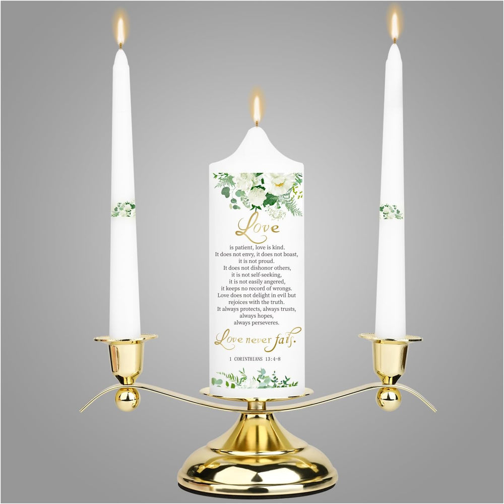 3 Unity Floral Candles for Wedding Ceremony Set with Golden Holder, Wedding A...