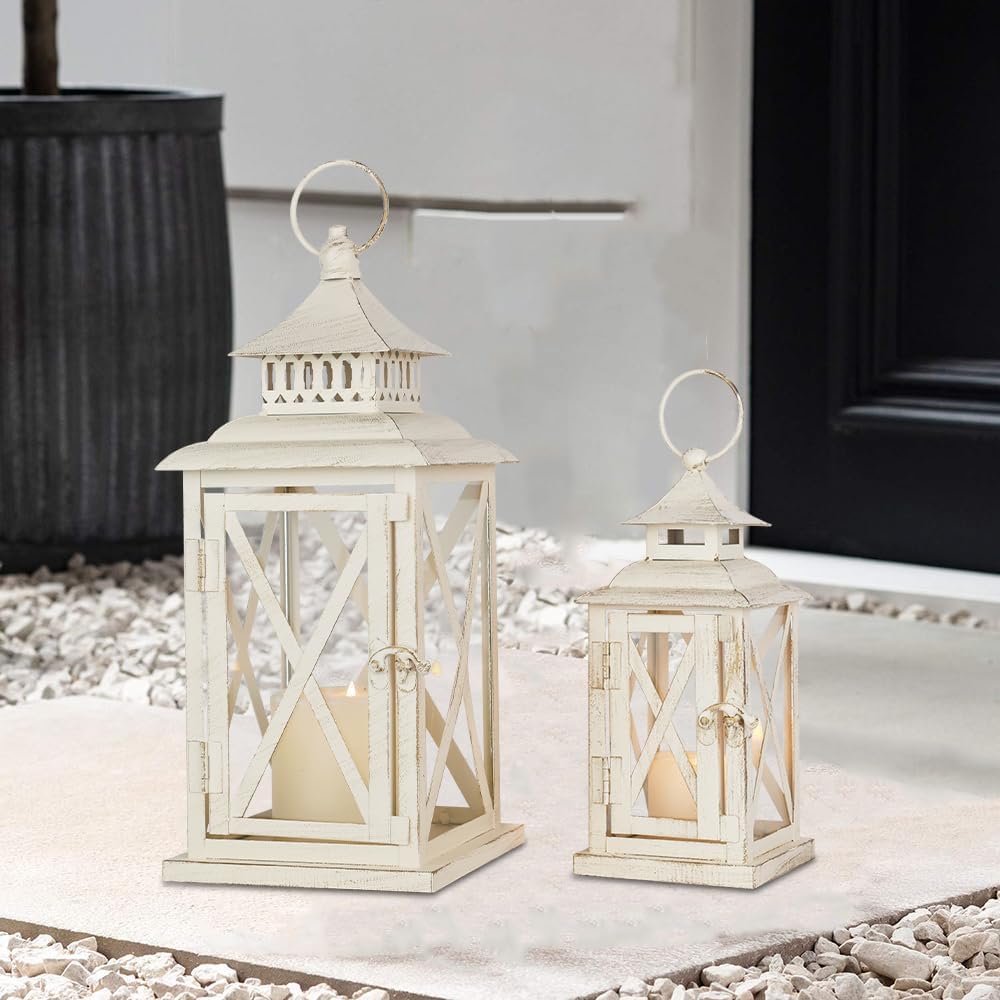 Lanterns Decorative Outdoor&Indoor, Set of 2 (14"&10") Beig...