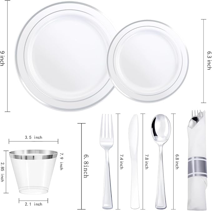 350Piece Silver Plastic Dinnerware Set for 50 Guests - Silver Plastic Plates with Cutlery Include:50Dinner Plates-50Dessert Plates-50Pre Rolled Napkins with Silverware for Christmas