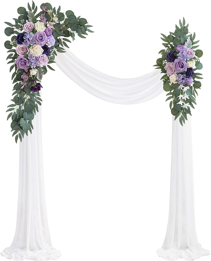 Lilac Artificial Wedding Arch Flowers Kit (Pack of 3) with 26Ft White Shiny Arch Draping Fabric for DIY Wedding Party Ceremony Reception Backdrop Floral Decoration