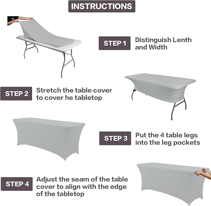 IVAPUPU 2 Pack 6FT Table Cloth for Rectangular Fitted Events Stretch Grey Table Covers Washable Cover Spandex Tablecloth Protector for Party, Wedding, Cocktail, Banquet, Festival