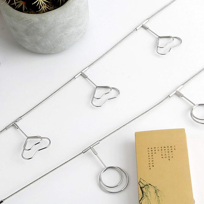 Multi-Purpose Steel Wall Hanging Photo Display Cable Wire Rod String with 12 Clips for Hanging Photos Notes and Artworks (Heart Shape Clip)