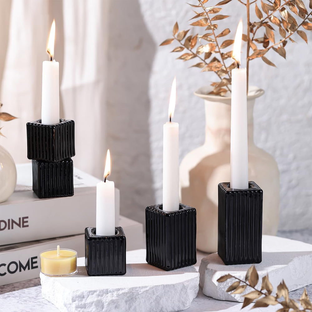 LETINE 12pcs Black Vertical Stripe Glass Candlestick Holders - Chic Taper Can...