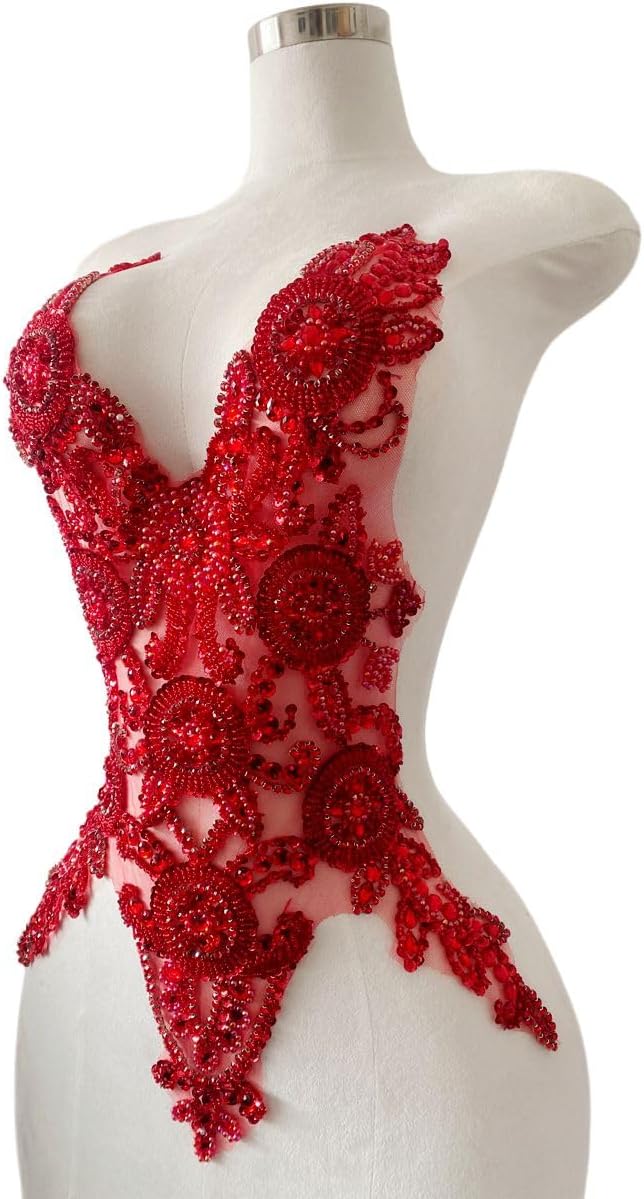 Pure Handmade Bodice lace Rhinestones Applique Sewing Stones Beads Crystal Tr...
