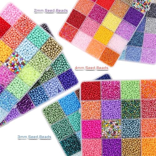 EuTengHao 81600pcs Glass Seed Beads Craft Beads 6/0,8/0,12/0 Multi-Size for DIY Bracelet Necklaces Crafting Jewelry Making Supplies with Beading Needles Elastic Strings (144 Colors, 2mm&3mm&4mm)