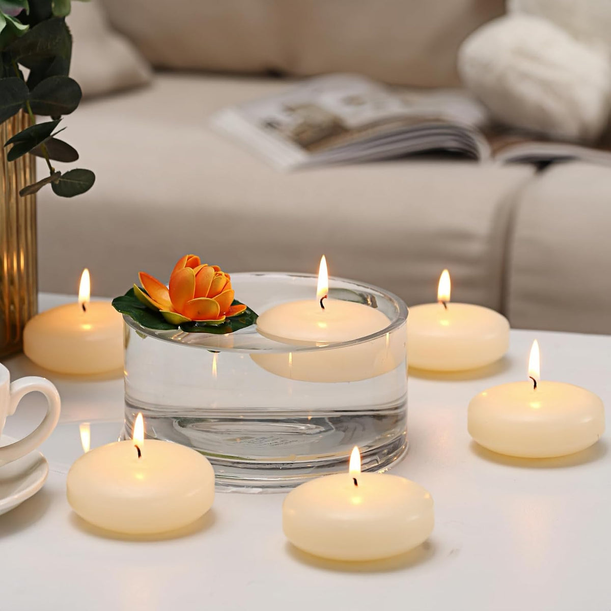 qinxiang 36 Pack Floating Candles, 3” Ivory Unscented Dripless Wax Burning Candles, for Cylinder Vases, Weddings, Party and Holiday …