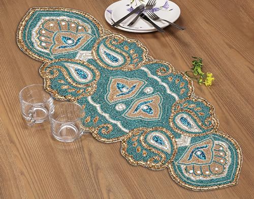 Lightnpro Beaded Christmas Table Runner 13x36 Inch - Teal Gold Paisley Design -Perfect Handmade Decorative Runner for Holiday, Thanksgiving, New Year, Winter Table Décor, Suitable Gift Every Occasion