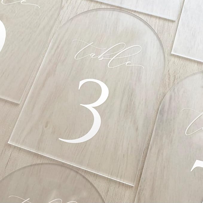 JINMURY Frosted Arch Table Numbers for Wedding, 5x7 Inch Acrylic Table Numbers 1-10 with Stands, Frosted Acrylic Arch Tabletop Sign with Holder for Centerpiece, Reception, Wedding, Party, Event