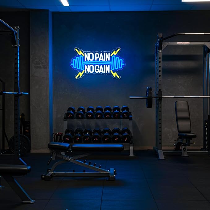 No Pain No Gain Neon Sign for Gym Wall Decor,Led Sign,Neon Lights for Bedroom,Motivational LED Light Up Sign for Home Fitness Room,Garage,Workout,Man Cave,Blue & Yellow Barbell Neon Light