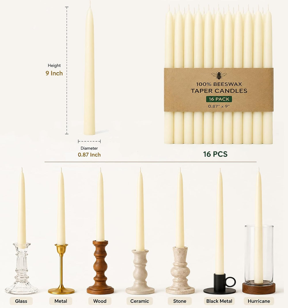 Beeswax Taper Candles 16 Packs, Unscented Ivory Candle Sticks