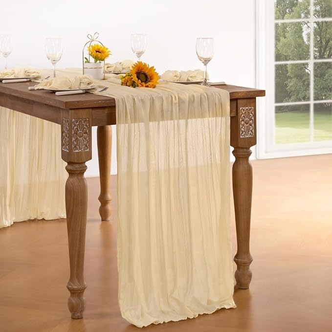 Beige Cheesecloth Table Runner 10 Pack Fall Table Runners 120 Inches Boho Gauze Cream Cheese Cloth Fall Table Decorations for Thanksgiving Wedding Bridal Baby Shower Garden Party Decor
