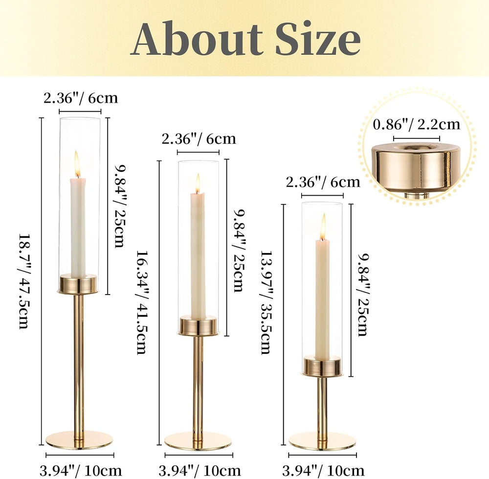 Hewory Gold Candlestick Holders: 6PCS Cylinder Glass Hurricane for Tapers