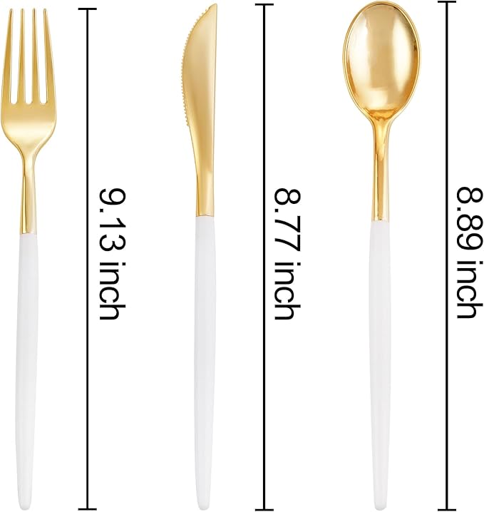 I00000 300 Pcs Gold Plastic Silverware - Gold Disposable Silverware - Premium White Cutlery Set Include 100 Forks 100 Knives 100 Spoons,Plastic Cutlery Party Set for Party & Wedding