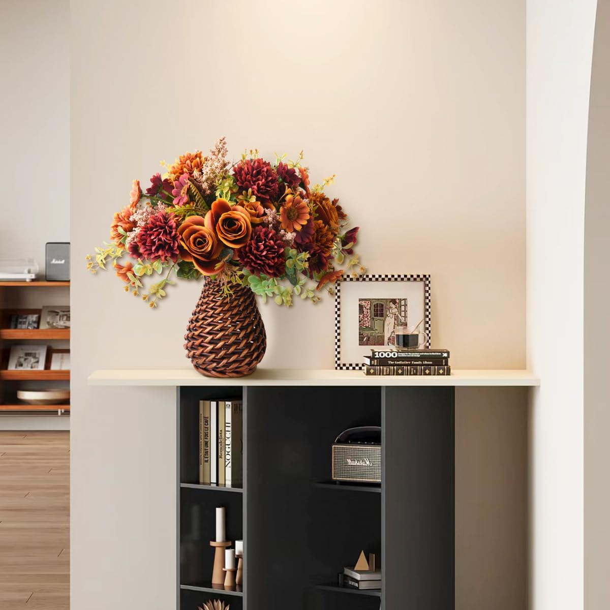 Fall Artificial Faux Flowers in Vase Fake Silk Rose Bouquets Indoor Decor