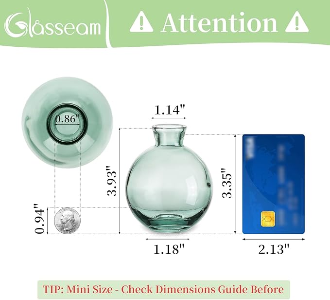 Glass Bud Vase for Centerpieces: 12Pcs Glasseam Green Mini Small Vases for Flowers Bulk Flower Vase Set Aesthetic Cute Handmade Tiny Short Wedding Table Centerpiece Decor