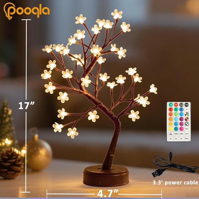 Pooqla RGB Cherry Blossom Tree Light with Remote 28 Colors LED Artificial Flower Bonsai Tree, RGB Table Top Lamp Home Lit Tree Valentine's Day Christmas Decoration 36 LED, Brown Branch