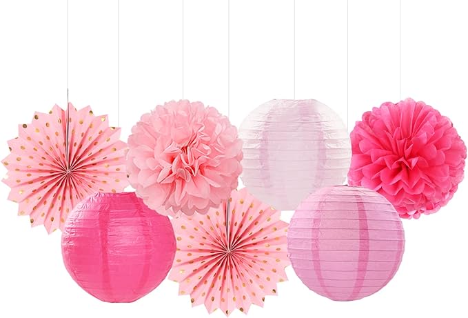 Rose Hot-Pink Party Decorations Streamers - 14pcs Girl Birthday Baby Shower Paper Lanterns Fan,Tissue Pom Poms,Honeycomb Balls,Bachelorette Bridal Wedding Engagement Supplies Decor Lasting Surprise