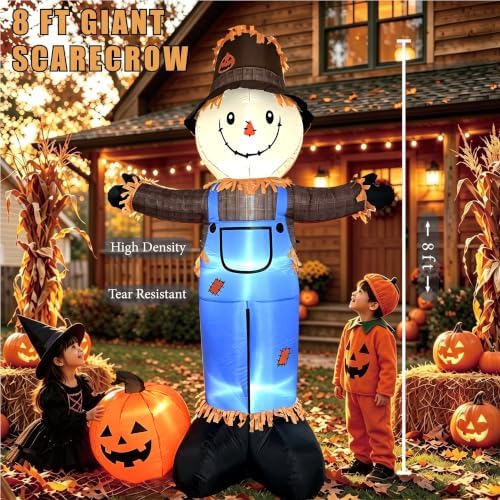 8 FT Fall Inflatables Scarecrow Decorations, Scarecrow with Pumpkin Inflatable Yard Decor Built-in LEDs,Scarecrow Blow Up Yard Decorations for Halloween Thanksgiving Fall Autumn Harvest Lawn Garden