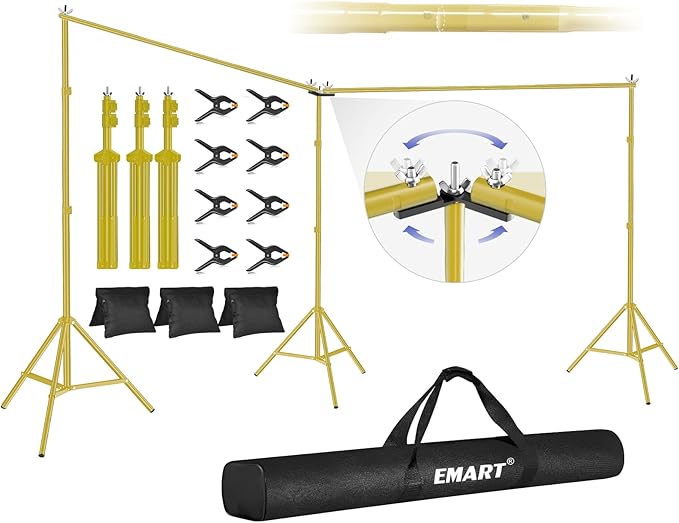 EMART Backdrop Stand, 20x7ft(WxH) Large Adjustable Background Support System with 308° Angle Rotatable Connector, 8 Clamps, 3 Sandbags and Carry Bag for Paties, Wedding, Photography -Titanium Gold