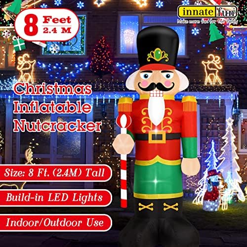 8 Feet Tall Christmas Inflatable Nutcracker Soldier Yard Decoration Giant Build-in Lighted Inflatable Christmas Nutcracker Garden Lawn Yard Decor with Built in Fan and Anchor Ropes