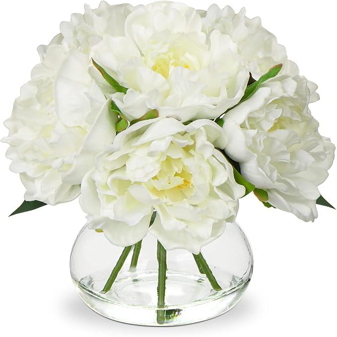 Hollyone Fake Flowers White Peonies Artificial Flowers Faux Flowers with Vase Peony Silk Flower Arrangements in Glass Vase with Faux Water for Home Decor Bathroom Table Centerpiece Shelf Decorations
