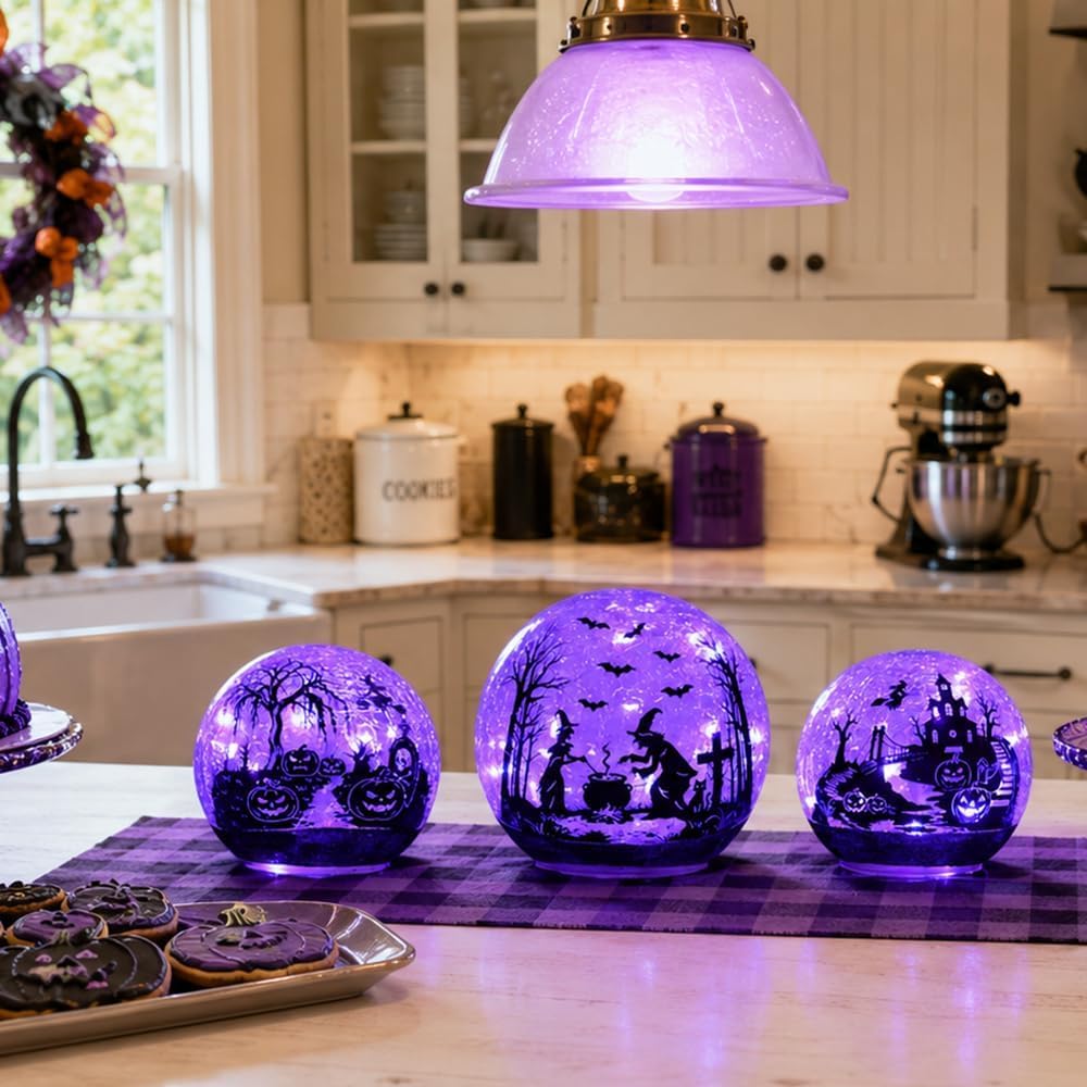 NEEDOMO Halloween Decorations Indoor, 3 Pack Witch Crackle Glass Globe Purple...