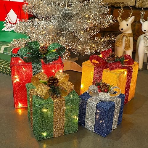Set of 4 Christmas Lighted Gift Boxes Decorations, Pre-lit Tinsel Present Box with Bowknot(Red Green Yellow Blue), Light Up Xmas Tree Skirt Ornament, Indoor Outdoor Plug in for Home Holiday Party