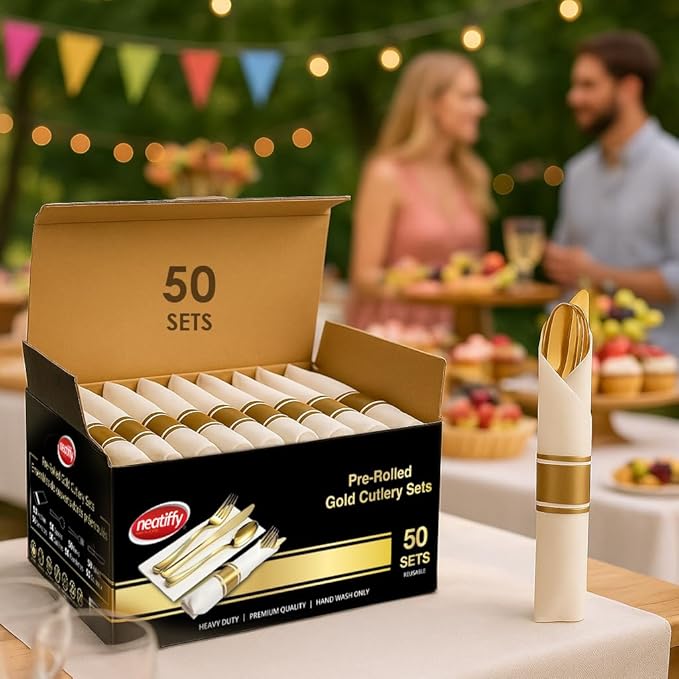 Neatiffy 50 Pack Gold Plastic Silverware Set, Pre Rolled Napkin and Cutlery Set with 50 Forks, 50 Knives, 50 Spoons, 50 Napkins, Utensils, Silverware for Parties, Weddings and Birthdays