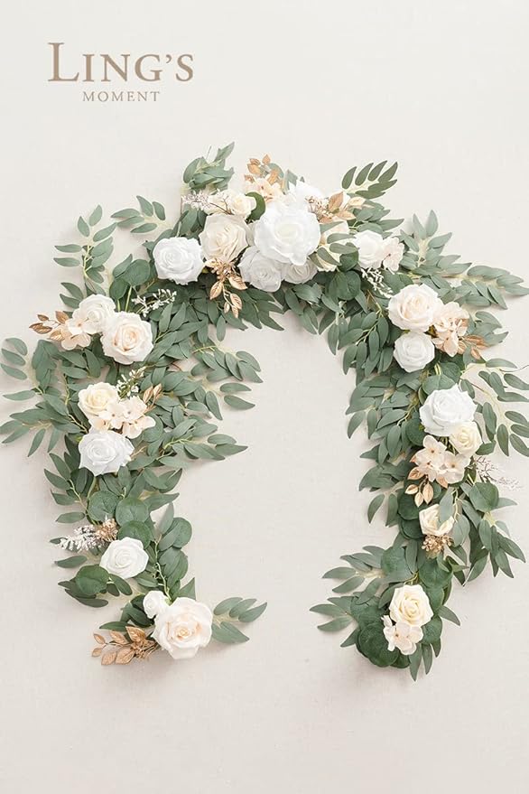 Ling's Moment Flower Garland - 6FT Eucalyptus & Rose - Sweetheart Table Decor for Wedding Reception, Artificial Silk Floral Garland for Mantle, Spring, Garden Christmas Decoration, White Beige